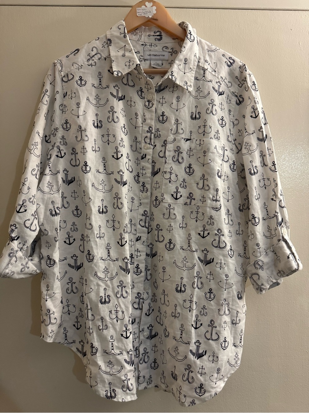 Linen Lightweight White Anchor-Print Men's Button-Up Shirt Large